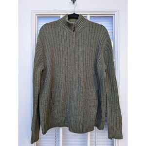 St. Johns Bay Full Zip Sweater Cotton Ribbed Mock Neck Green, Size Large